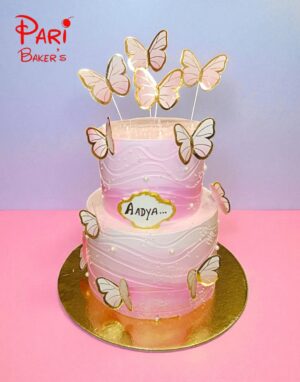 pink wavy 2 tier butterfly cake